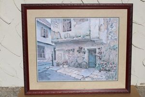 lot 160 image: Framed Wall Art Roger Duvalls Passageway - Village Bicycle Print from Michaels (42 x 35) PROCEEDS FROM THIS ITEM GOES TO SHARE-FEST TEXAS