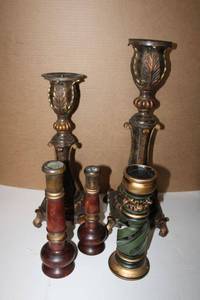 lot 163 image: Set of 5 Candleholders (Smaller 3 are painted wood) PROCEEDS FROM THIS ITEM GOES TO SHARE-FEST TEXAS