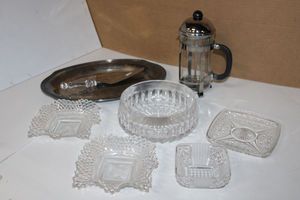 lot 168 image: Kitchen Lot Cut Glass Serving Dishes, French Press, Cake Cutter and Platter PROCEEDS FROM THIS ITEM GOES TO SHARE-FEST TEXAS