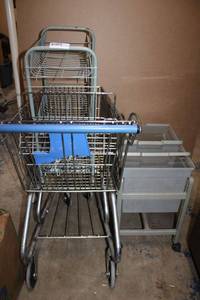 lot 106 image: Shopping Cart, Small Rolling Cart and Small Plastic Rolling File Cabinet