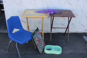 lot 176 image: TV Dinner Tables, Child Size Chair, Lap Board, Umbrella, and Dog Dish with Chain Leash