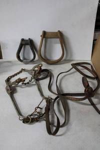 lot 182 image: Vintage Horse Bridle and Vintage Stirrups (One is Wooden)