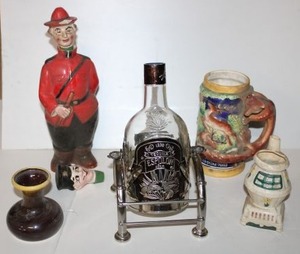 lot 185 image: Whiskey Drinking Glassware Collection Wales Beer Stein, Tequila Bottle Holder, Ceramic Whiskey man with 2 Toppers