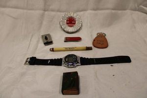 lot 211 image: Mens lot. Includes a vintage Empire State Building late 1930s era match box with matches. Also includes a vintage LED watch, vintage aluminum pedometer, 75th birthday E. Mittenthal self storing fountain pen (tip stores inside)and more