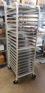 lot 5 image: 20 Pan Aluminum Rolling Bakers Rack with 20 Full Size Stainless Sheet Pans