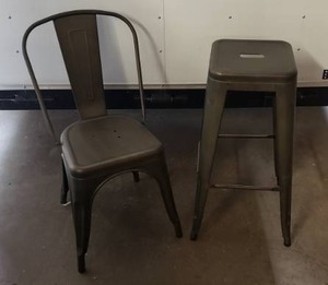 lot 21 image: 1 Distressed Metal Dining Chair and 1 Distressed Metal Bar Stool - Bronze