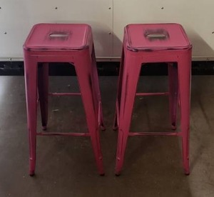 lot 22 image: Pair of Distressed Metal Barstools - Pink