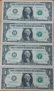 lot 20 image: COLLECTOR BANKNOTES, (4) $1 NOTES W CONSECUTIVE SERIAL NUMBERS