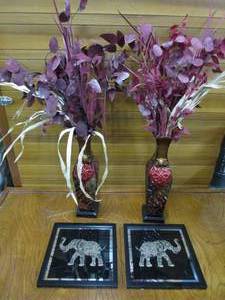 lot 54 image: 2 FRAMED ELEPHANT ARTWORK, 2 BEAUTIFUL AND COLORFUL METAL HARLEQUIN HOME DECOR VASES WITH FAUX FLORAL.&nbsp