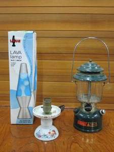 lot 44 image: LAVA LAMP IN BOX, COLEMAN LANTERN, CERAMIC LAMP WITH ORIENTAL PAINTINGS.&nbsp