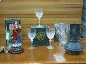 lot 47 image: IRISH CRYSTAL GALWAY GLASSES, COLLECTIBLE ANGEL BY CEDAR CREEK, AND HOME DECOR.
