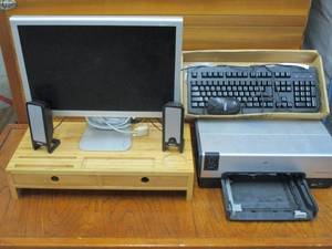 lot 27 image: OFFICE LOT,NEW (OPEN BOX) MONITOR STAND WITH 2 DRAWERS, MONITOR, PRINTER, KEYBOARD, SPEAKERS