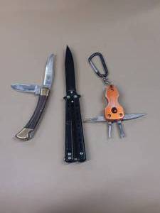 lot 8 image: VINTAGE BROWNING POCKET KNIFE, BUTTERFLY KNIFE W SINGLE EDGE, MULTI USE D-RING KEYCHAIN W KNIFE, SCREWDRIVERS BOTTLE OPENER