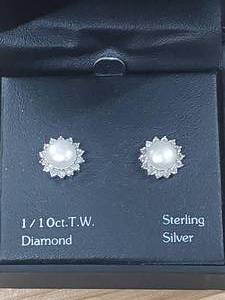 lot 37 image: NEW 110 CTTW DIAMOND PEARL EARRINGS SET IN STERLING SILVER IN CASE