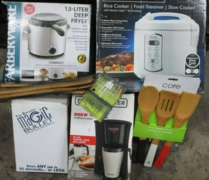 lot 60 image: FARBERWARE DEEP FRYER IN BOX, AROMA RICE COOKERFOOD STEAMER IN BOX, MAGIC BULLET IN BOX, BLACK AND DECKER BEW N GO COFFEE MAKER IN BOX, 6 PIECE BAMBOO SET OF UTENSILS NEW IN PACKAGING, AND 3 PIECE SET OF BAMBOO COOKING UTENSILS NEW IN PACKAGING.&nbsp