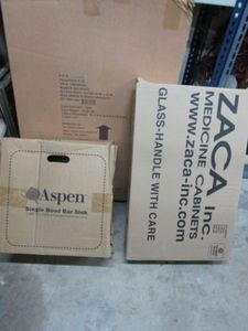 lot 66 image: NEW OPEN BOX LOT, 24X32 WALL MIRROR, MEDICINE CABINET, SINGLE BOWL BAR SINK