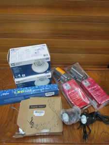 lot 111 image: COMMERCIAL ELECTRIC RECESSED LIGHT FIXTURE KITS IN BOX, 2 LED PIKE LIGHTS IN PACKAGING, LED SHOWER METEOR RAIN LIGHT, SPOTLIGHTS AND MORE