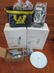 lot 115 image: HYFLEX GLOVES IN PACKAGING, MULTI PURPOSE VALVE, OUTDOOR FLOURESCENT WALL FIXTURES WITH FROSTED GLASS, OUTLET COVERS