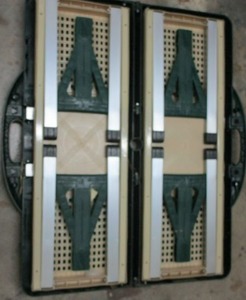 lot 135 image: FOLDING PICNIC TABLE W 2 BENCH SEATS, LOCKS CLOSED WHEN FOLDED FOR EASY CARRYING, SAME AS LOT #133 WHEN OPEN ONLY DIFFERENT COLOR