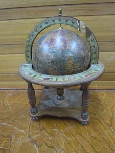 lot 145 image: ITALIAN GLOBE W ASTROLOGICAL SIGNS, MADE OF WOOD, HAS SOME WEAR, SEE PICS