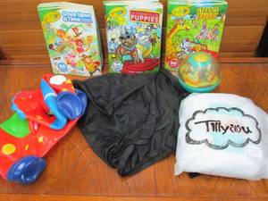 lot 148 image: COTTON SOLID BED CANOPY IN PACKAGING, VINTAGE FISHER PRICE ROLY POLY CHIME BALL TOY, BUBBLY IFLATABLE BOUNCE ANIMAL, STRETCHY MESH CURTAIN AND COVER FOR CAR SIDE WINDOW SUN PROTECTION, LOT OF CRAYOLA COLORING BOOKS.&nbsp