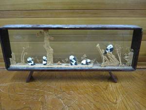 lot 155 image: VINTAGE ORIENTAL PANDA CORK ART DIORAMA IN GLASS DISPLAY WITH WOOD TRIM.&nbsp