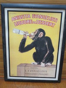 lot 156 image: EUROPEAN VINTAGE ADVERTISEMENT POSTER 1 IN A SERIES OF 4. ... ADVERTISING POSTER FROM 1920-1940. ARTIST SIGNATURE ON TOP LEFT READS BISCARETTI 25 ANISETTA EVANGALISTI LIQUORE DA DESSERT.