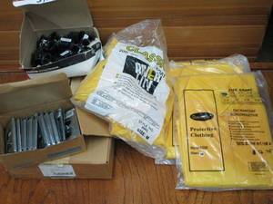 lot 165 image: DURA WEAR PERSONAL PROTECTIVE CLOTHING IN PACKAGING SIZE M, BOX OF METAL OUTLET COVERS, BOX OF GALVANIZED STEEL COVERS FOR UTILITY BOXES, BOX OF COOPER WIRING DEVICES.