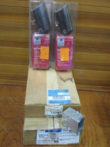lot 197 image: NIB LED STAKE LIGHTS, GALVANIZED STEEL OUTLET COVERS, SWITCH BOXES