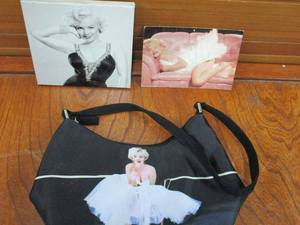 lot 211 image: MARILYN MONROE PURSE, 6x6 PICTURE ON CANVAS, POSTCARD