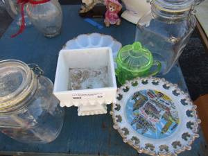 lot 33 image: Green glass covered sugar dish,  egg platter, glass bowl and white candy dish