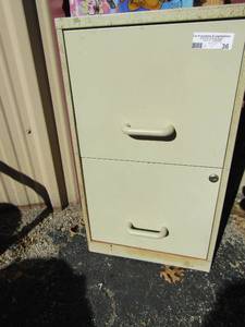 lot 36 image: Filing cabinet 2 drawer tan and 4 tier gray metal shelving