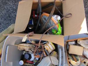 lot 43 image: Box and gray tub with misc. tools, jumper cables, WD40 spray, screws, Craftsman drill and more