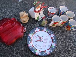 lot 45 image: Christmas lot- mugs, plates, platters, hanging snowman