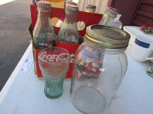 lot 48 image: Five 8oz. Coca Cola Bottles 1 small coke soda glass  and a mason jar