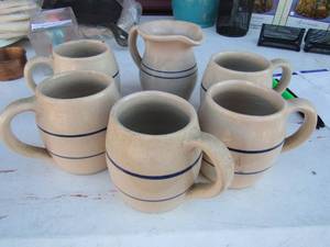 lot 51 image: 5 Blue banded crockery pottery cups with creamer. Marshall pottery