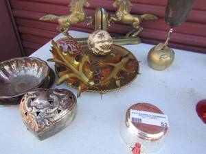 lot 52 image: 2 brass house bookends, silver plate bowl saucer cup heavy trinket brass apple
