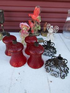 lot 53 image: 2 metal candle holders, 4 red candle globes 2 red bird angel bear