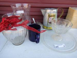 lot 54 image: 2 clear vases blue coffee cup microwavable plate pansy seeds and water pitcher
