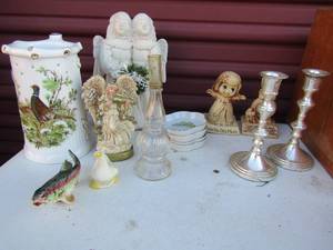 lot 68 image: West German ceramic mug with woman on the bottom inside, 2 silver platted candle sticks, angel and coasters