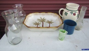 lot 80 image: Assorted vases, blue speckled cups, Grock apple water pitcher, palm tree very large bowl