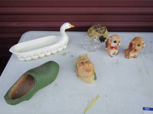 lot 83 image: Bosom head Scrooge 1981, Mom and baby duck serving boat, puppy S&P clear glass swan, wooden green shoe