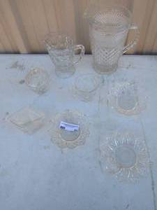 lot 88 image: Crystal lot- 2 pitchers, sugar and creamer 3 small candy dish