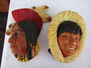 lot 13 image: 2 Bosson heads 1 is Chief 1968 ,  1 is  Tecumseh Shawn old Chief 1986