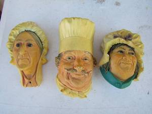 lot 14 image: 3 Bosson heads  Betsey 1964,  Chef 1969,  Sarah Gamp 1984