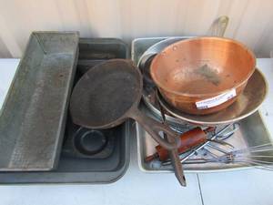 lot 95 image: Pots and Pans, muffin pan, utensils, cake pans, 1 6 cast iron skillet  2 copper pans
