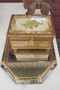 lot 106 image: mirrored vanity tray with gold railing     wooden heart shelf,   musical jewlery box