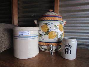 lot 107 image: Large lemon tabletop life style hand painted drink dispenser container with lid and small  pottery crock,  HB Beer Stein mug Hofbrauhaus Munchen 1 liter Stonewear