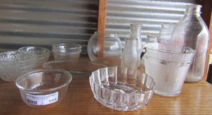 lot 108 image: Glass lot- bowls, milk jugs, fish bowls  etc.