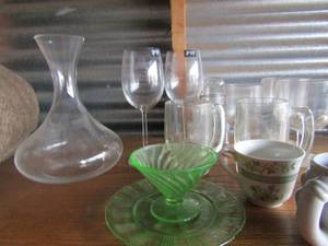 lot 115 image: Wine glasses (2 are Killary crystal), Beer mugs, WINE DECANTER,  Lenox Cinderella tea cup and Green GLASS cup and saucer
